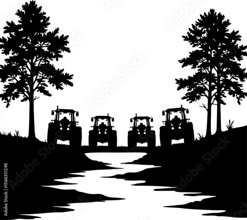 Tractor Convoy Silhouette with Forest Background vector 