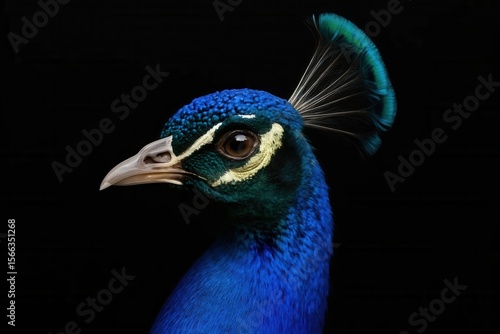 A close-up portrait of a majestic peacock, its vibrant blue head and striking yellow eye stand out against the stark black background