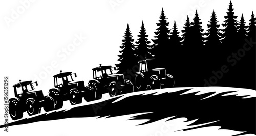 Tractor Convoy Silhouette with Forest Background vector 