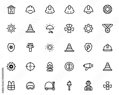 Comprehensive collection of professional line graphics depicting essential elements of workplace safety and occupational well being protocols