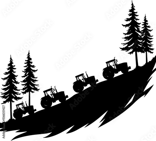 Tractor Convoy Silhouette with Forest Background vector 