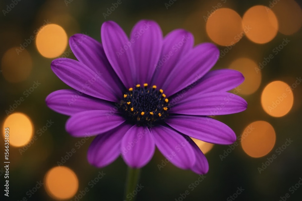 A solitary purple daisy stands out against a bokeh of warm orange lights, symbolizing hope and beauty amidst the soft blur of life A solitary purple daisy stands out against a bokeh of warm orange lights, symbolizing hope and beauty amidst the soft blur of life