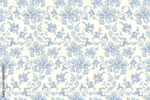 Vintage floral ethnic tapestry modern embroidery texture boho design vector illustration hand drawn silhouette indigo blue flower motif branches leaves wallpaper seamless background border.
