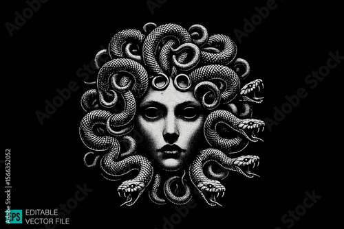 medusa head tattoo design dark art scary creepy style tattoo illustration vector black and white background templates