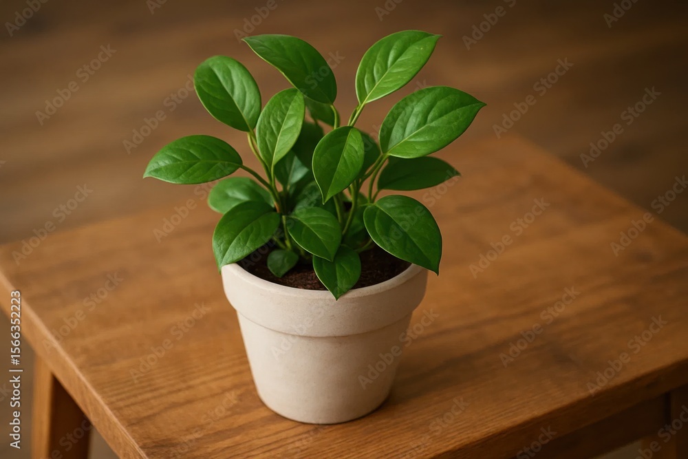 Obraz premium A lush green houseplant thrives in a simple white pot on a wooden table, embodying tranquility and natural beauty