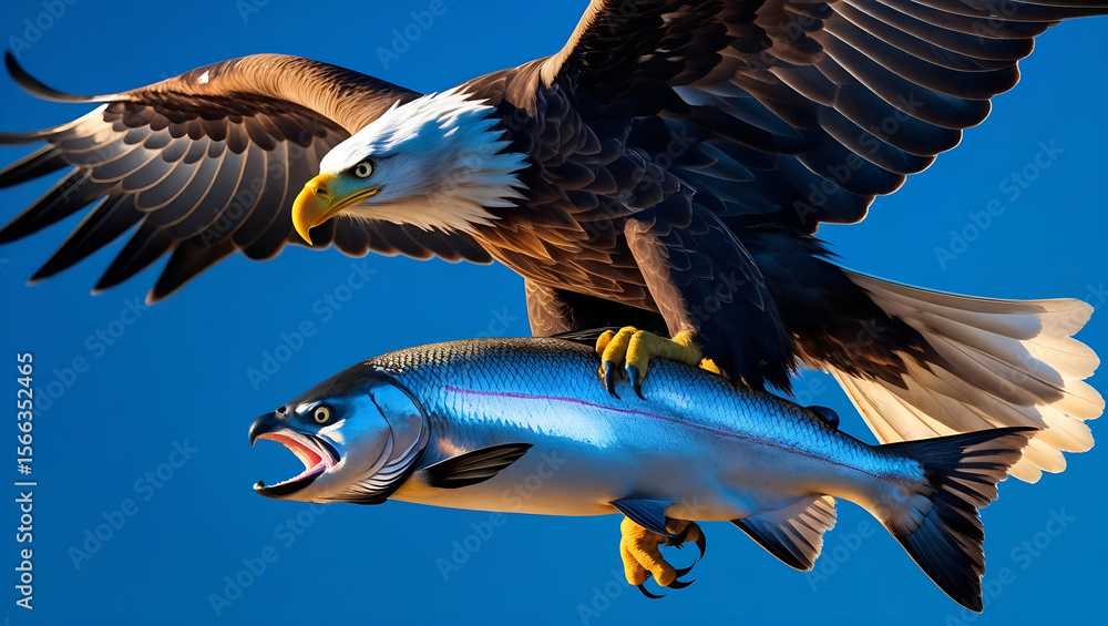 Obraz premium Bald eagle catching salmon bird of prey in flight with fish predator wildlife