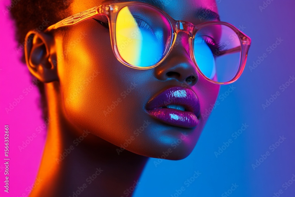 Close-up portrait of a fashion model showcasing glossy lips and stylish eyeglasses under vibrant neon lights, creating a modern and glamorous look Close-up portrait of a fashion model showcasing glossy lips and stylish eyeglasses under vibrant neon lights, creating a modern and glamorous look