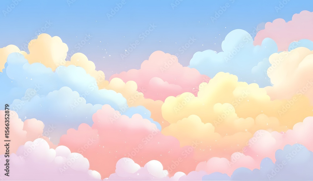 Fototapeta premium Cute pastel cartoon sky with colorful fluffy clouds on gradient blue background