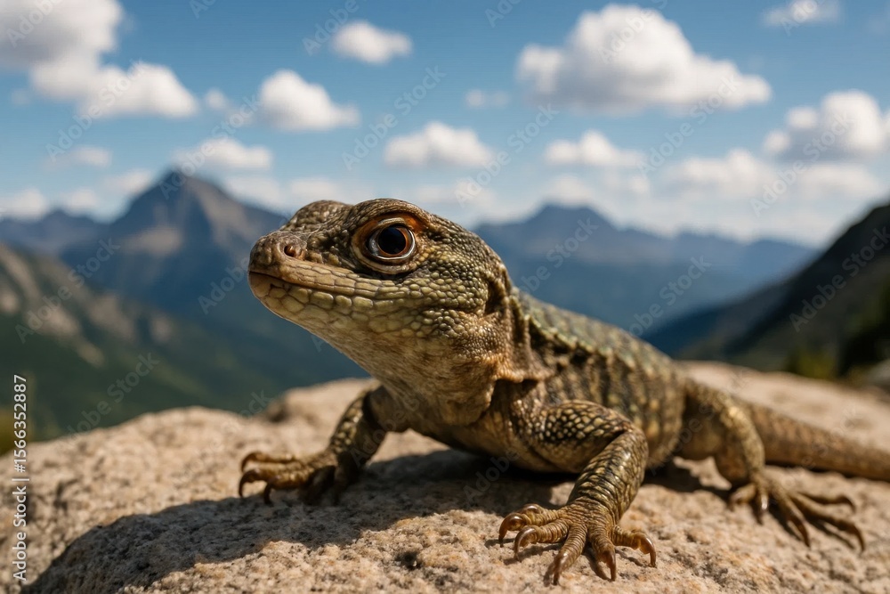 Fototapeta premium A solitary lizard surveys its mountainous domain under a vast blue sky