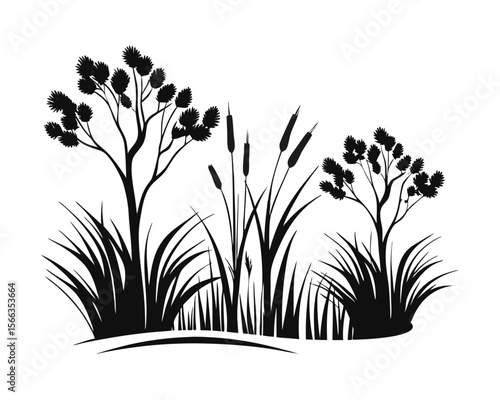 A striking monochromatic design featuring a detailed silhouette of a lush meadow with various grasses perfect for naturalistic branding or environmental themes