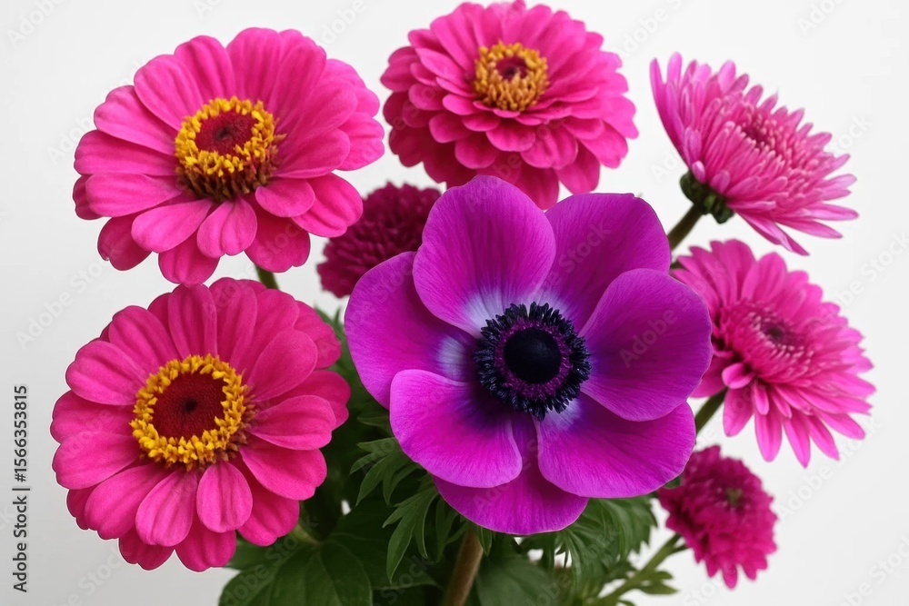 Fototapeta premium A vibrant bouquet of pink dahlias with a striking purple centerpiece stands out against a pristine white backdrop, symbolizing beauty and elegance