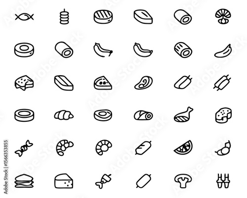 Comprehensive collection of stylized food symbols featuring various cured meats deli cuts and butchered products perfect for culinary branding and menus