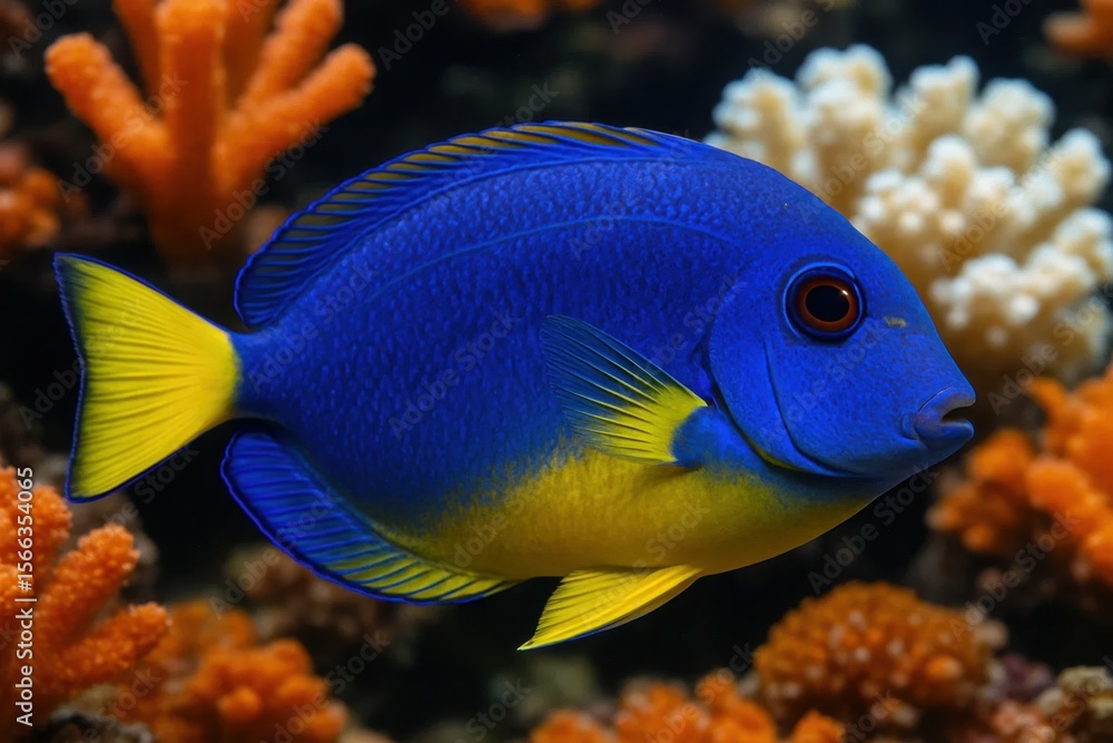 Naklejka premium A vibrant blue tang fish with yellow accents gracefully swims amongst a coral reef, embodying the beauty of marine life