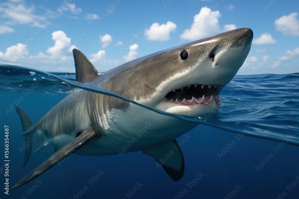 Fototapeta premium A lone great white shark glides effortlessly through the azure waters, its powerful jaws open in a display of raw predatory strength