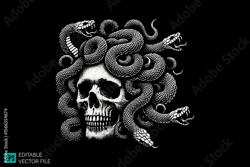 Medusa head skull dark art scary creepy style tattoo illustration vector black and white background templates
