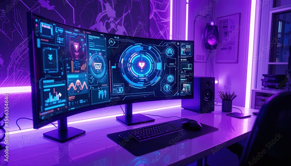 Fototapeta premium A modern workspace with a curved monitor and vibrant lighting.