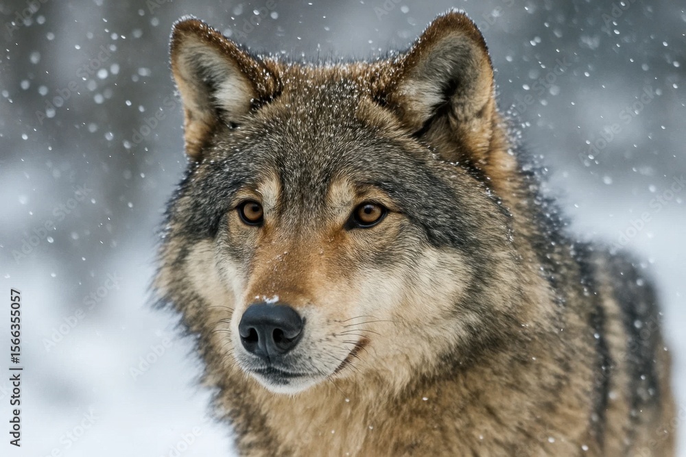 A close-up of a wolf in the snow with its eyes wide open A close-up of a wolf in the snow with its eyes wide open