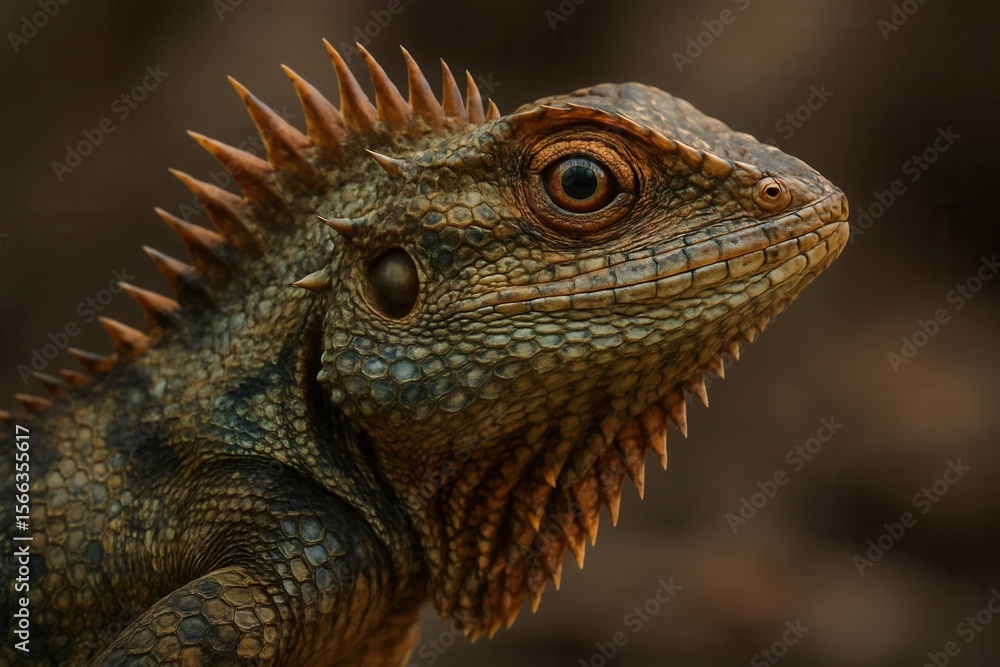 Fototapeta premium A close-up portrait of a reptile with a striking pattern of brown scales and sharp spines, set against a blurred backdrop
