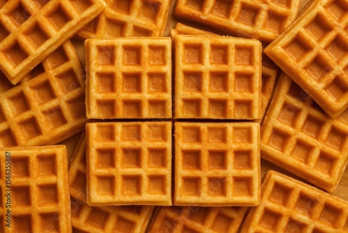 A close-up of golden waffle squares, showcasing their crispy texture and perfect grid pattern