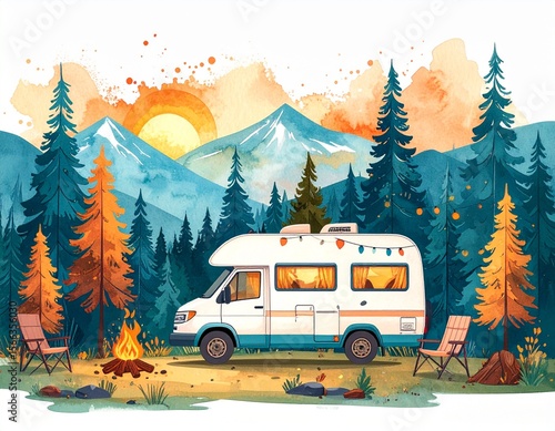 Wallpaper Mural Sunset Serenity: Cozy Camper Van Under Pine Trees with Campfire Glow Torontodigital.ca