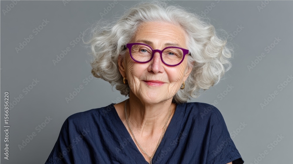 Woman with purple glasses and a blue shirt. She is smiling. Concept of warmth and happiness Woman with purple glasses and a blue shirt. She is smiling. Concept of warmth and happiness