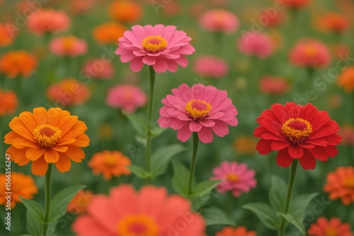 Wallpaper Mural A vibrant field of zinnias in full bloom, with a mix of pink, orange, and red hues, creating a colorful tapestry of nature's artistry Torontodigital.ca