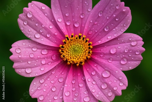 A Close-Up of a Pink Cosmos Flower with Water Droplets Capturing the Essence of Serenity