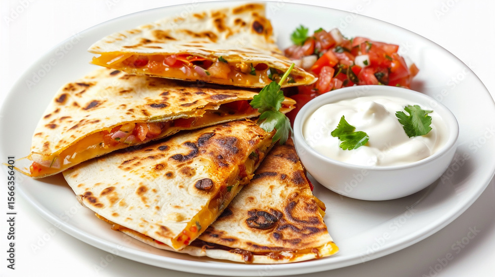 Golden cheesy quesadillas, served hot with fresh salsa and a dollop of cool sour cream, a perfect Mexican appetizer. Golden cheesy quesadillas, served hot with fresh salsa and a dollop of cool sour cream, a perfect Mexican appetizer.