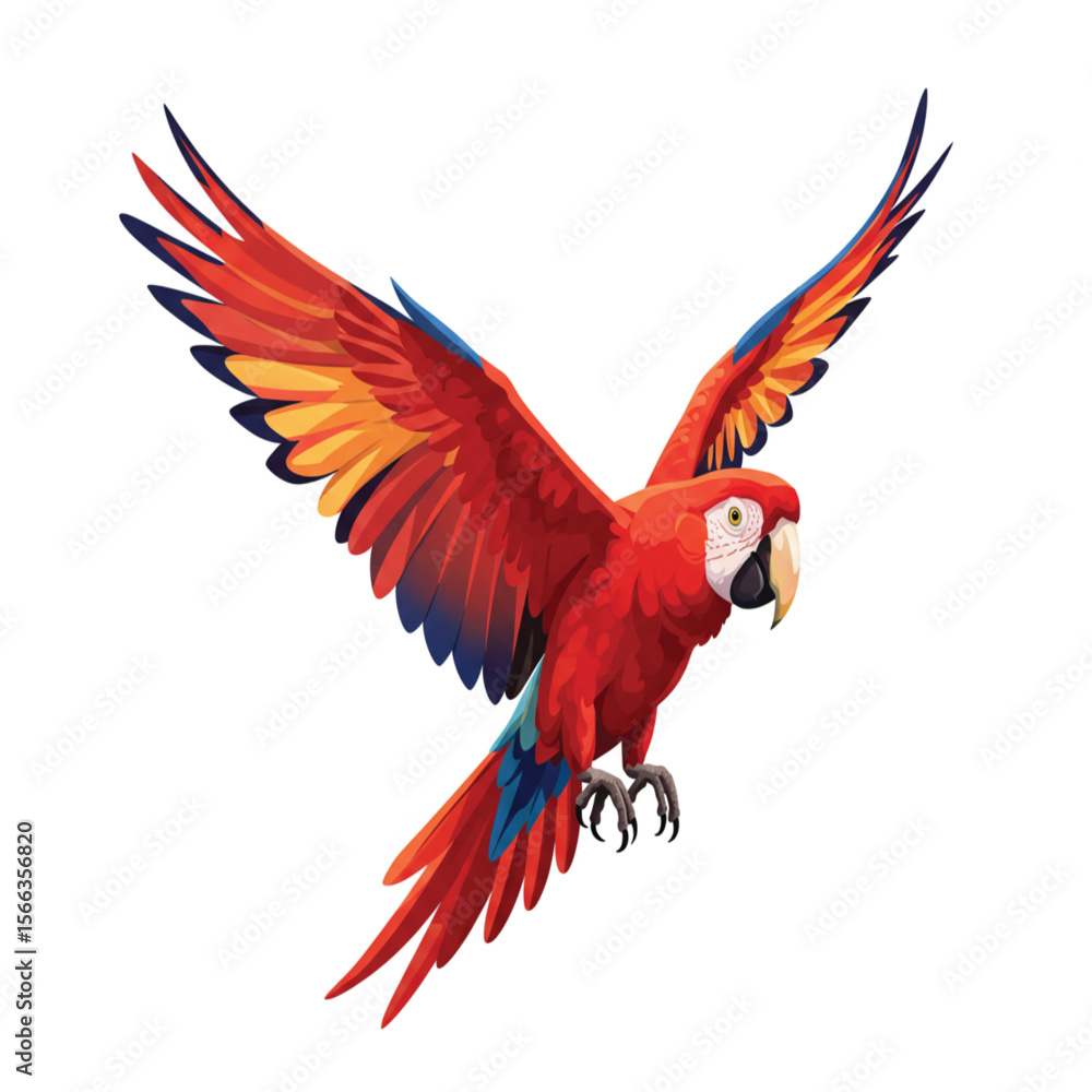 Fototapeta premium Vibrant Flying Parrot Illustration – Colorful Scarlet Macaw Bird Artwork with Open Wings, Exotic Tropical Wildlife Animal for Print, Design, Nature Projects