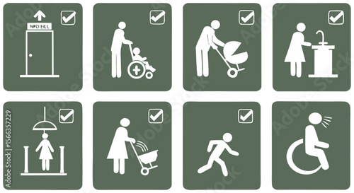 Collection of eight white pictograms on a muted green background depicting various activities and facilities