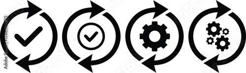 Four black circular process icons with checkmarks and gears on white background workflow