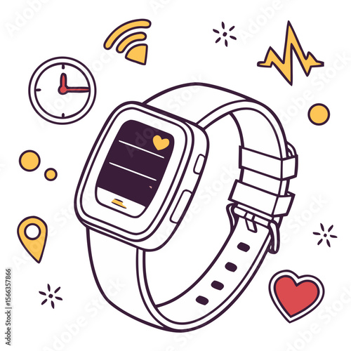 Fitness Smartwatch with Tracking Icons - Modern Sticker Style Design for Health Tech, Workout Tracking & Active Lifestyle Branding