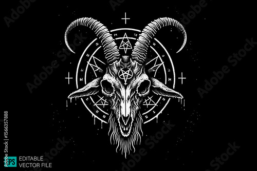 devil goat tattoo design dark art scary creepy style tattoo illustration vector black and white background templates