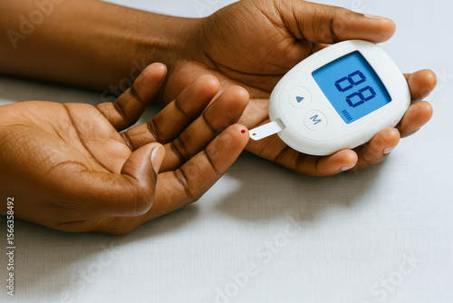 Close-up of the hands of an African-American person using a glucometer to measure blood sugar level.  World Diabetes Day