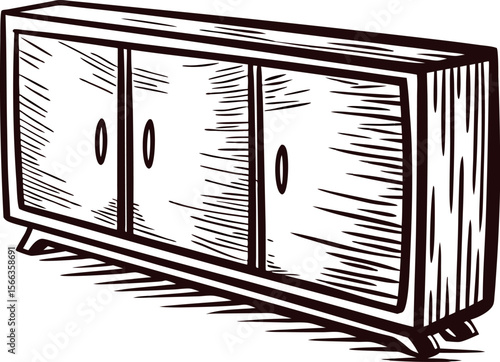 Hand drawn vintage wooden sideboard with three cabinet doors retro engraved furniture illustration isolated