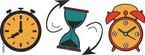 Stopwatch hourglass and alarm clock icons with circular arrows on white background
