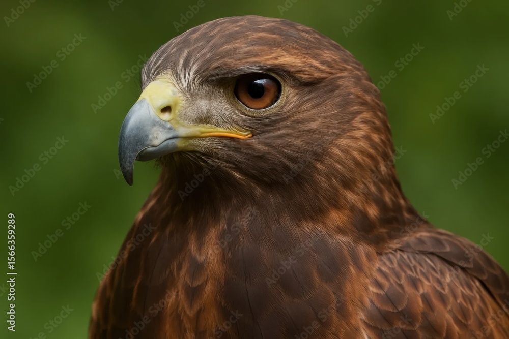 Portrait of a majestic brown hawk in sharp focus against a blurred green backdrop Portrait of a majestic brown hawk in sharp focus against a blurred green backdrop
