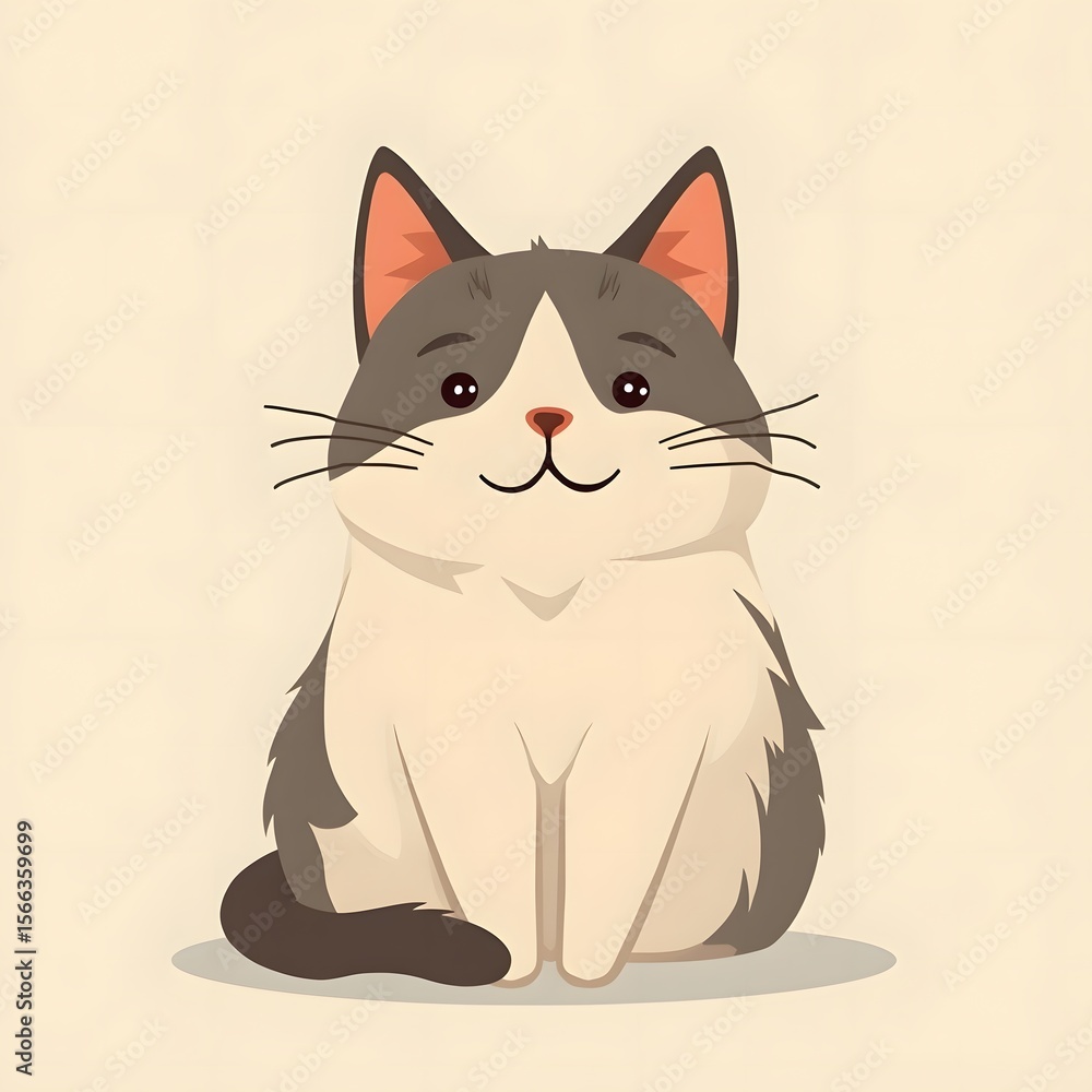 Obraz premium Cute Cartoon Gray and White Cat Sitting Adorably with Fluffy Fur and Charming Expression