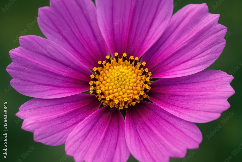 A vibrant purple cosmos flower in full bloom against a soft green backdrop, highlighting its delicate petals and striking yellow center A vibrant purple cosmos flower in full bloom against a soft green backdrop, highlighting its delicate petals and striking yellow center