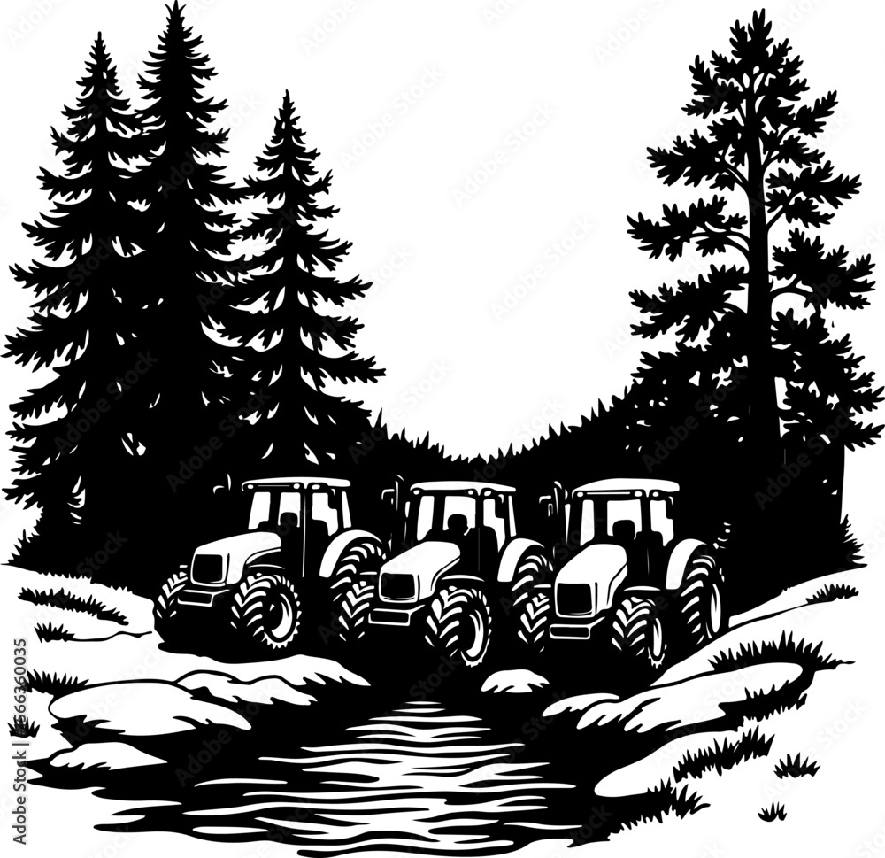 Fototapeta premium Tractor Convoy Silhouette with Forest Background vector bundle