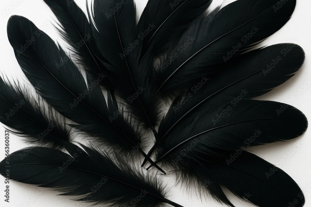 Fototapeta premium A flock of black feathers arranged intricately on a pristine white background