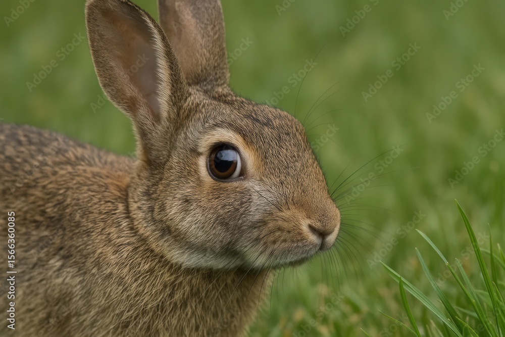 Fototapeta premium A rabbit's gaze meets the camera in a serene grassy setting