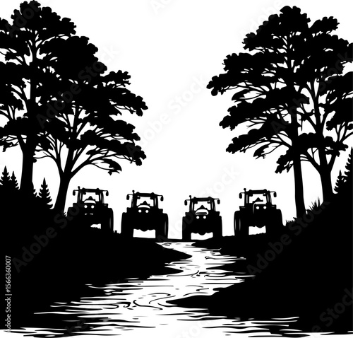 Tractor Convoy Silhouette with Forest Background vector bundle