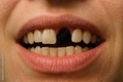 A close-up of a person's mouth revealing missing teeth
