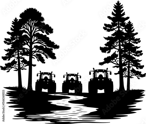 Tractor Convoy Silhouette with Forest Background vector bundle