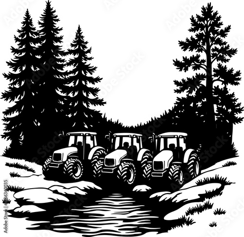 Tractor Convoy Silhouette with Forest Background vector bundle