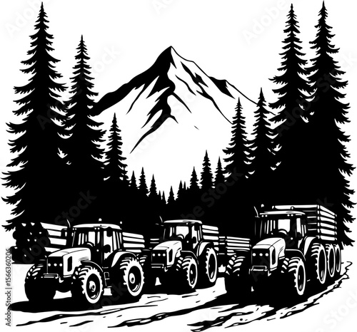 Tractor Convoy Silhouette with Forest Background vector bundle