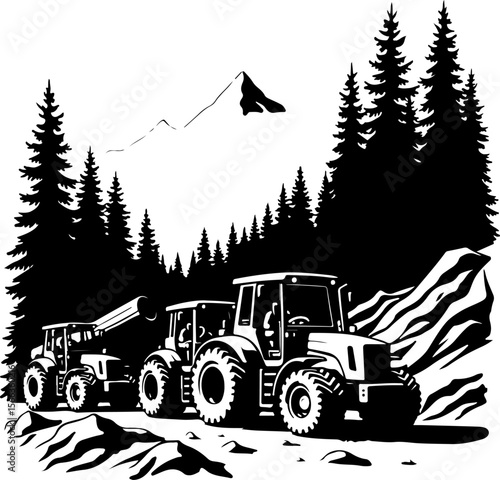 Tractor Convoy Silhouette with Forest Background vector bundle