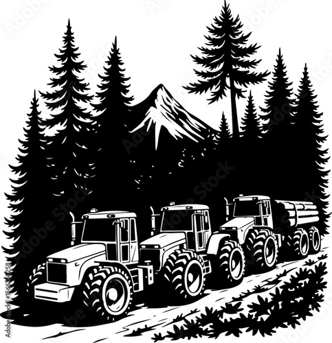 Tractor Convoy Silhouette with Forest Background vector bundle