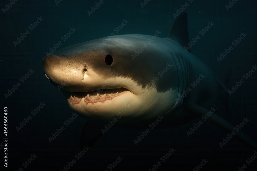 Naklejka premium A solitary great white shark gazes into the depths of the ocean, its form illuminated by a soft, ethereal light
